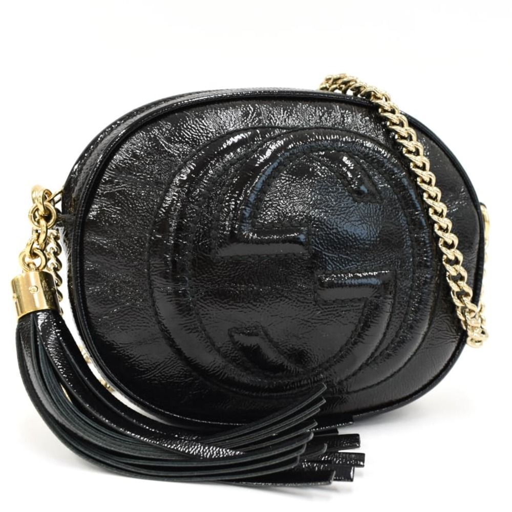 Gucci Chain Shoulder Bag Soho Interlocking GG Tassel Patent Leather Black